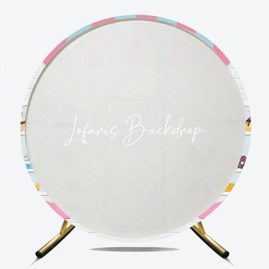 Lofaris Cute Cartoon Sweet Shop Dessert Round Backdrop Pink and Blue Awning Bakery Theme Birthday Party Decor.
