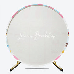 Lofaris Cute Cartoon Sweet Shop Dessert Round Backdrop Pink and Blue Awning Bakery Theme Birthday Party Decor.