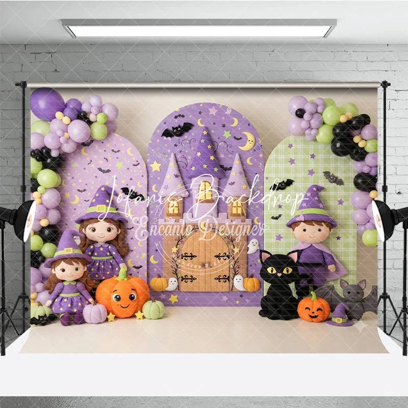 Lofaris Cute Cartoon Witch and Castle Halloween Photography Backdrop Purple Green Stars Moon Pumpkin Bat Party Decor