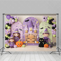 Lofaris Cute Cartoon Witch and Castle Halloween Photography Backdrop Purple Green Stars Moon Pumpkin Bat Party Decor