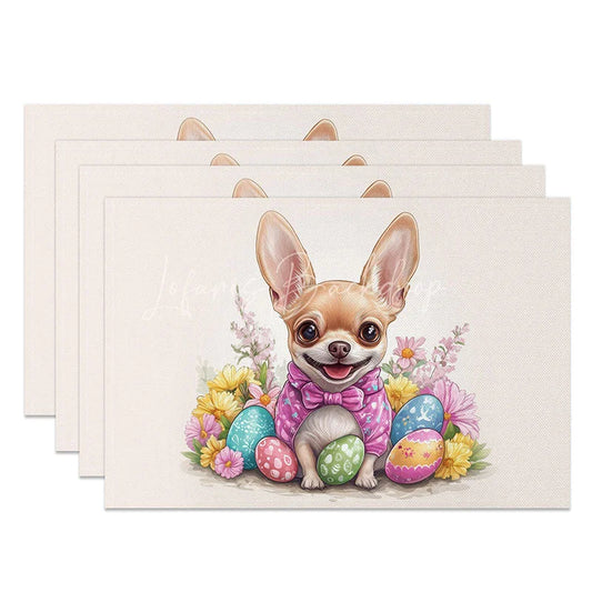 Lofaris Cute Chihuahua Easter Set of 4 Placemats Dog with Spring Flowers Pet Lover Holiday Table Mats