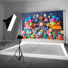 Lofaris Cute Colorful Carnival Ferris Wheel Photography Backdrop with Pumpkins Balloons and Monsters for Kids Birthday Party