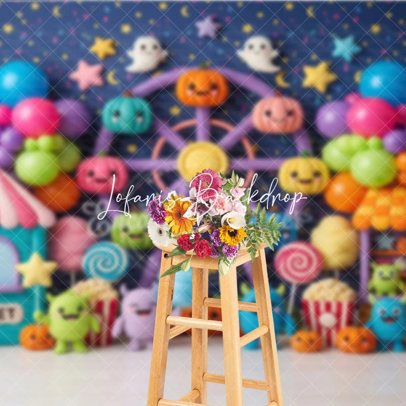 Lofaris Cute Colorful Carnival Ferris Wheel Photography Backdrop with Pumpkins Balloons and Monsters for Kids Birthday Party