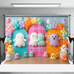 Lofaris Cute Colorful Ghost Photography Backdrop Balloon Arches Polka Dot and Plaid Panels perfect for Kids Birthday Party
