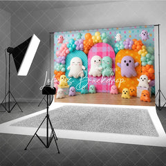 Lofaris Cute Colorful Ghost Photography Backdrop Balloon Arches Polka Dot and Plaid Panels perfect for Kids Birthday Party
