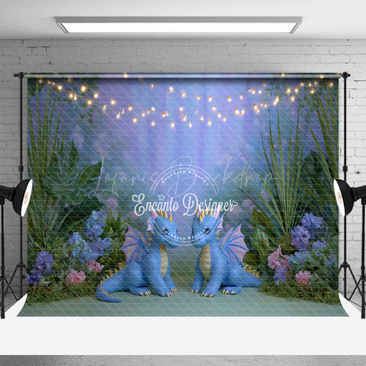 Lofaris Cute Dragons in Enchanted Forest Photography Backdrop String Lights for Birthday Fairytale Cake Smash Background