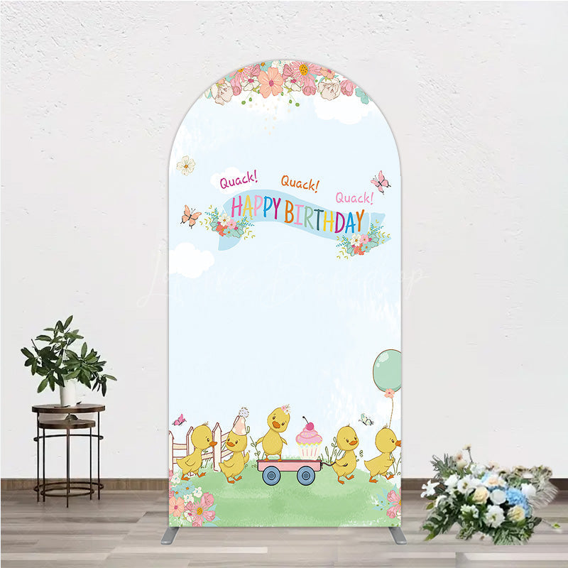 Lofaris Cute Duck Happy Birthday Arch Backdrop Spring Floral Garden Party Banner Quack Little Duckling Photo Prop