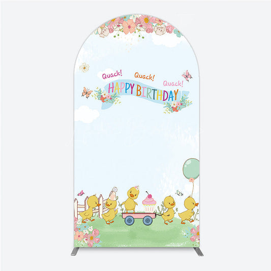 Lofaris Cute Duck Happy Birthday Arch Backdrop Spring Floral Garden Party Banner Quack Little Duckling Photo Prop