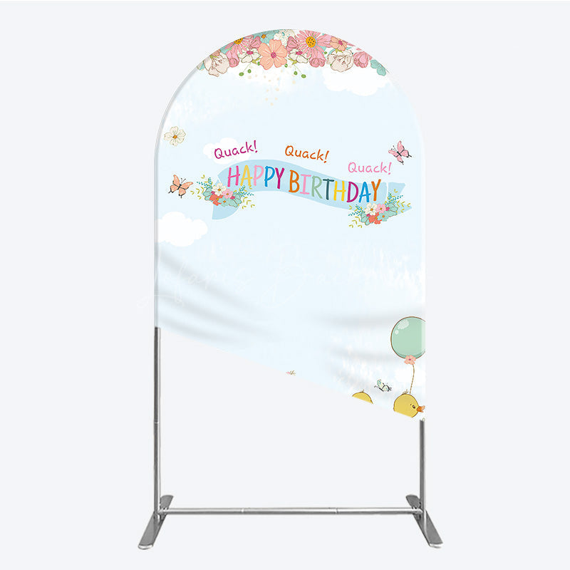 Lofaris Cute Duck Happy Birthday Arch Backdrop Spring Floral Garden Party Banner Quack Little Duckling Photo Prop