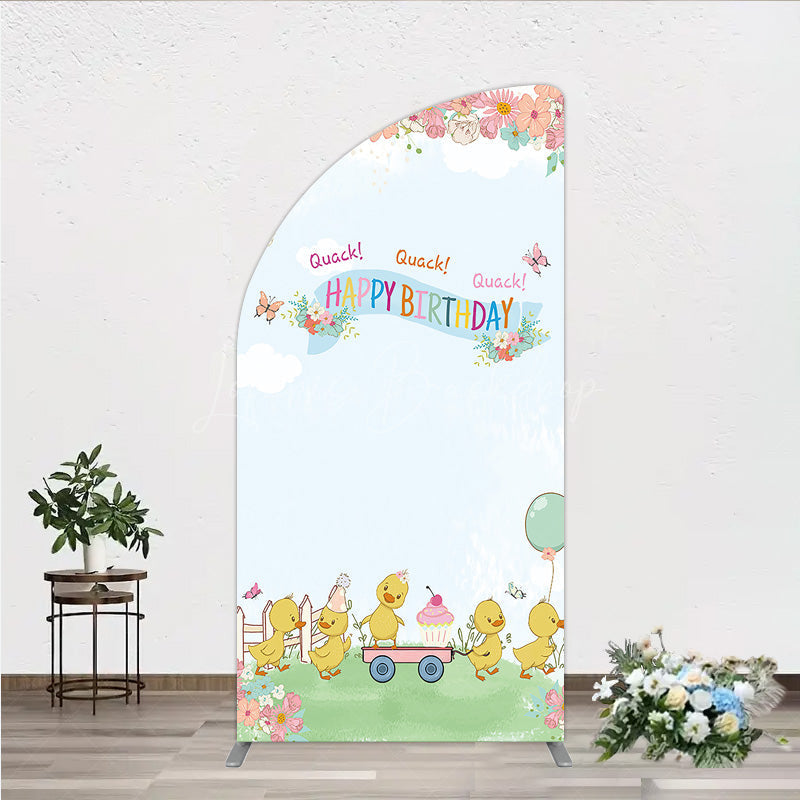 Lofaris Cute Duck Happy Birthday Half Moon Arch Backdrop Spring Floral Garden Party Banner Quack Little Duckling Photo Prop