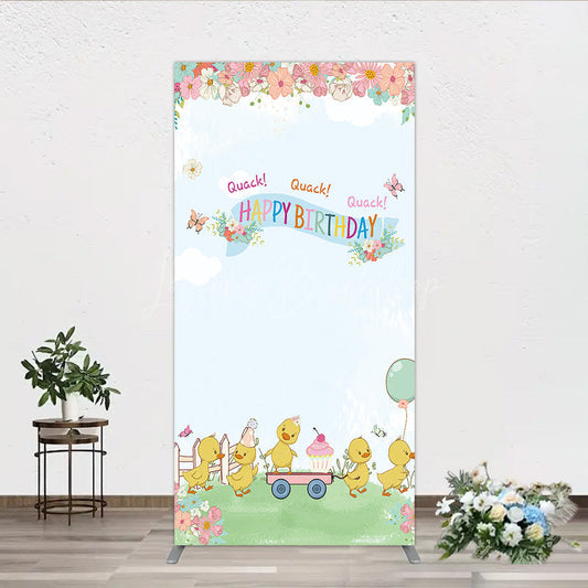 Lofaris Cute Duck Happy Birthday Rectangle Backdrop Spring Floral Garden Party Banner Quack Little Duckling Photo Prop