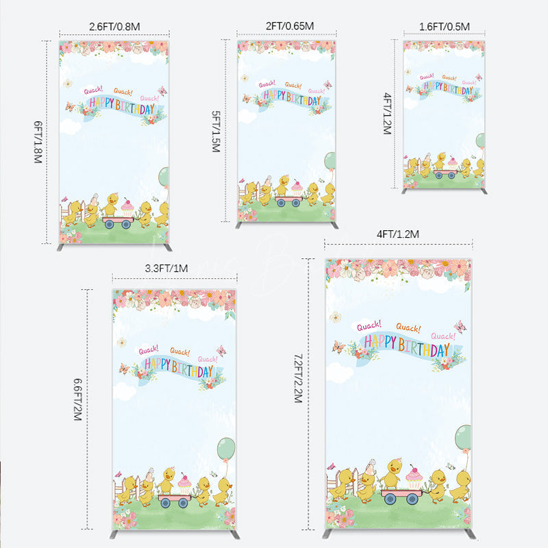 Lofaris Cute Duck Happy Birthday Rectangle Backdrop Spring Floral Garden Party Banner Quack Little Duckling Photo Prop
