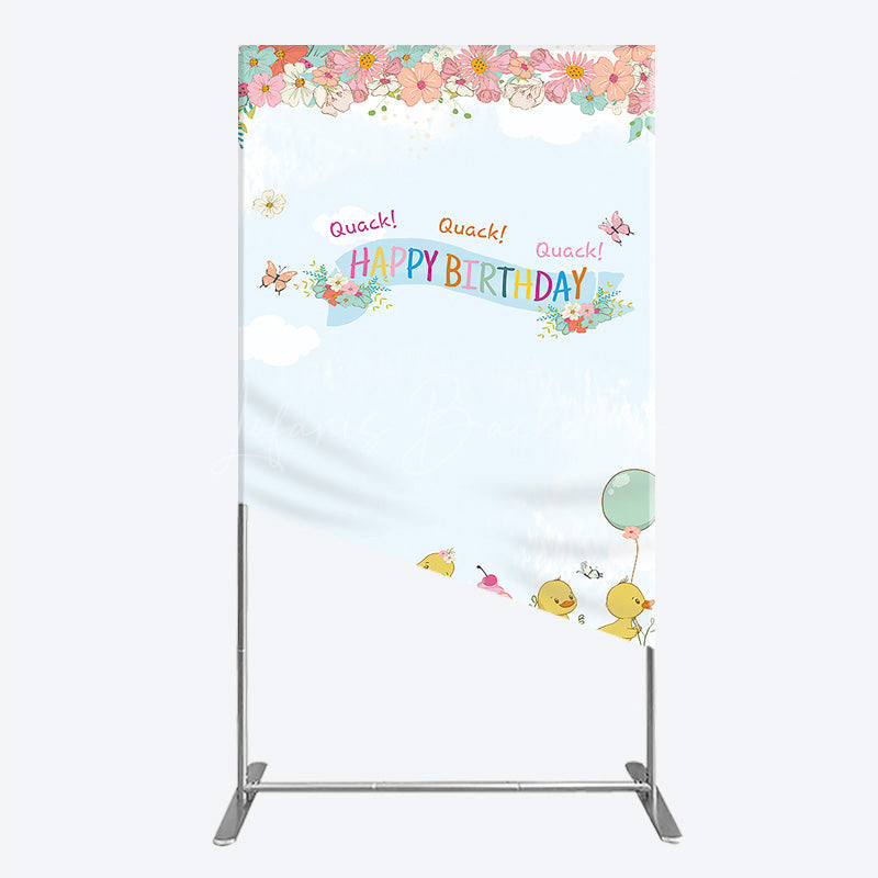 Lofaris Cute Duck Happy Birthday Rectangle Backdrop Spring Floral Garden Party Banner Quack Little Duckling Photo Prop