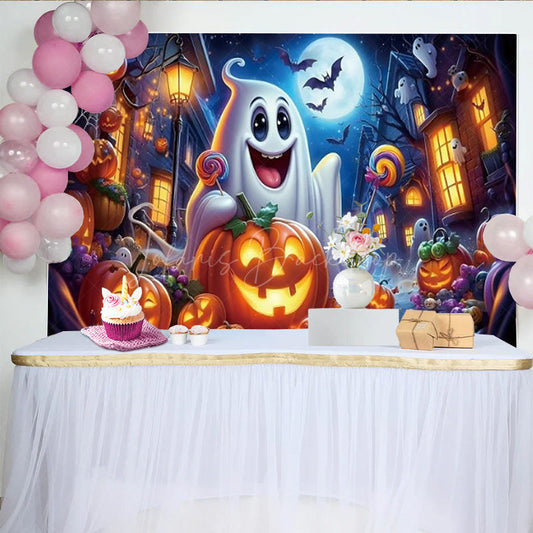 Lofaris Cute Ghost Halloween Birthday Backdrop Spooky Pumpkin and Jack-o-lanterns Trick or Treat Party Photo Booth Decor
