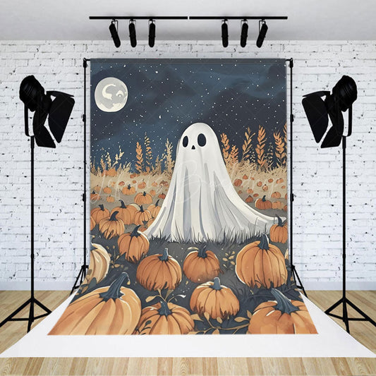Lofaris Cute Ghost in Pumpkin Patch Halloween Backdrop Spooky Night with Full Moon Whimsical Autumn Party Photo Prop