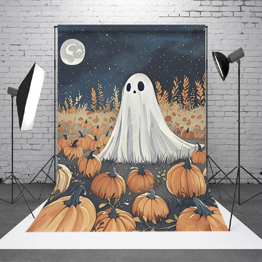 Lofaris Cute Ghost in Pumpkin Patch Halloween Backdrop Spooky Night with Full Moon Whimsical Autumn Party Photo Prop