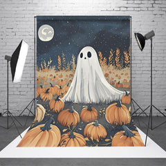 Lofaris Cute Ghost in Pumpkin Patch Halloween Backdrop Spooky Night with Full Moon Whimsical Autumn Party Photo Prop