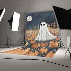 Lofaris Cute Ghost in Pumpkin Patch Halloween Backdrop Spooky Night with Full Moon Whimsical Autumn Party Photo Prop