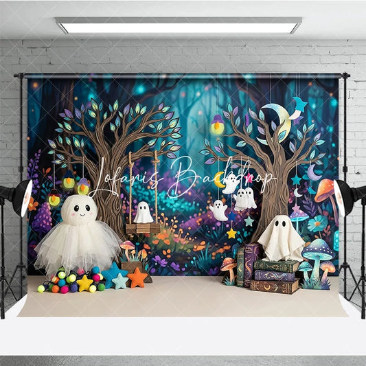 Lofaris Cute Halloween Enchanted Forest Photography Backdrop Whimsical Ghost and Magic Mushroom Studio Portrait Background