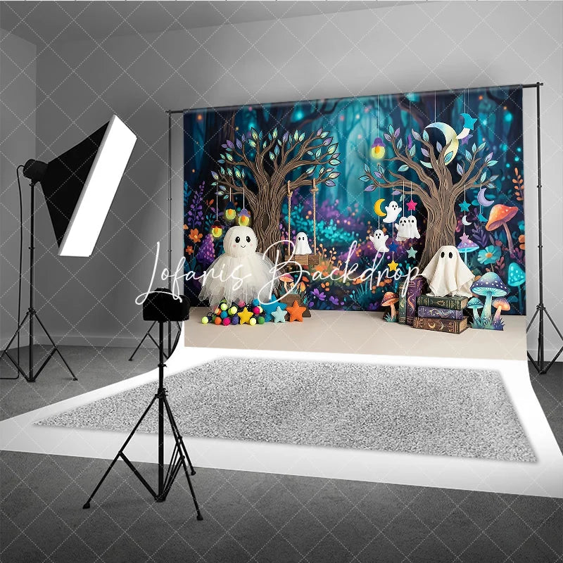 Lofaris Cute Halloween Enchanted Forest Photography Backdrop Whimsical Ghost and Magic Mushroom Studio Portrait Background