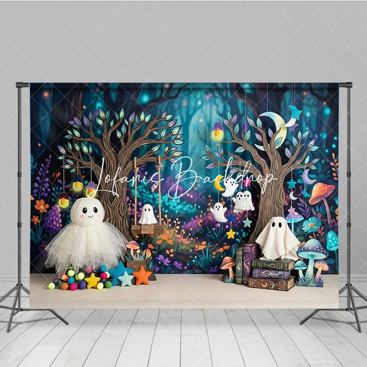 Lofaris Cute Halloween Enchanted Forest Photography Backdrop Whimsical Ghost and Magic Mushroom Studio Portrait Background