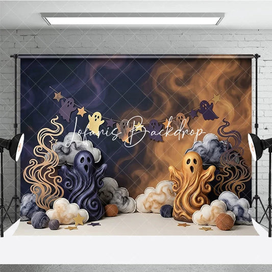 Lofaris Cute Halloween Ghost Photography Backdrop with Smoky Clouds and Star Garland Spooky Party Celebration Decor