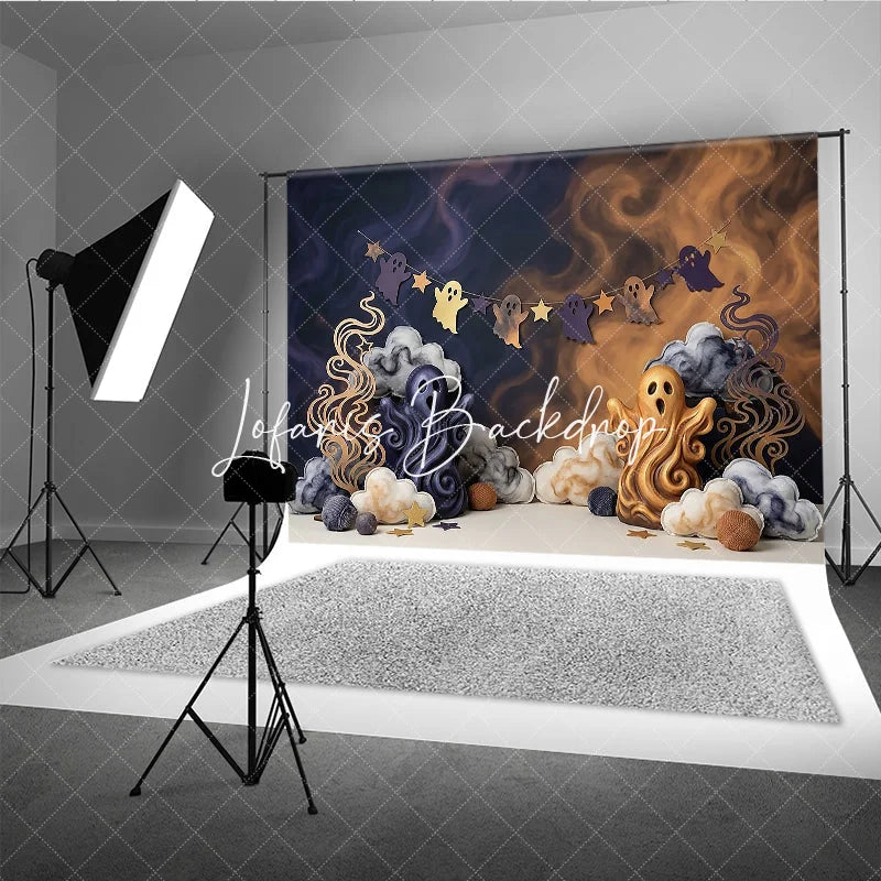 Lofaris Cute Halloween Ghost Photography Backdrop with Smoky Clouds and Star Garland Spooky Party Celebration Decor