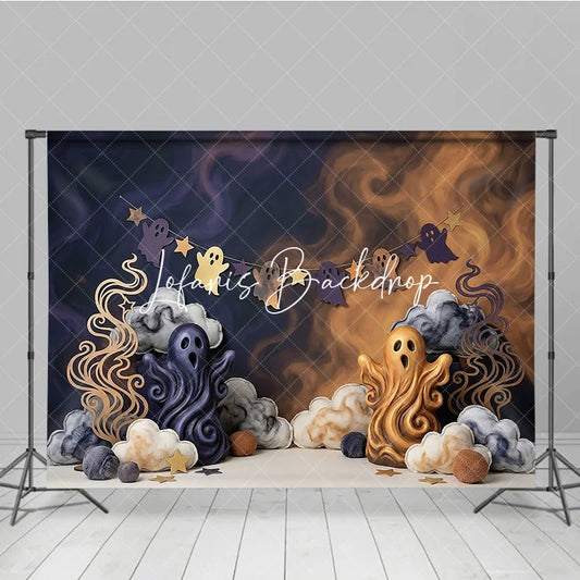 Lofaris Cute Halloween Ghost Photography Backdrop with Smoky Clouds and Star Garland Spooky Party Celebration Decor