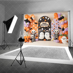 Lofaris Cute Halloween Ghosts and Pumpkins Photography Backdrop with Arched Panels Festive Balloons Bats Decor