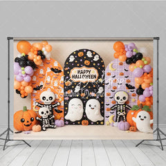 Lofaris Cute Halloween Ghosts and Pumpkins Photography Backdrop with Arched Panels Festive Balloons Bats Decor