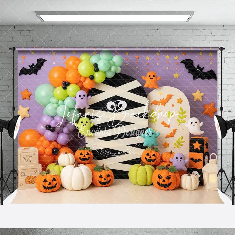 Lofaris Cute Halloween Mummy Ghosts and Pumpkins Photography Backdrop Purple Orange Green Balloons Party Decor