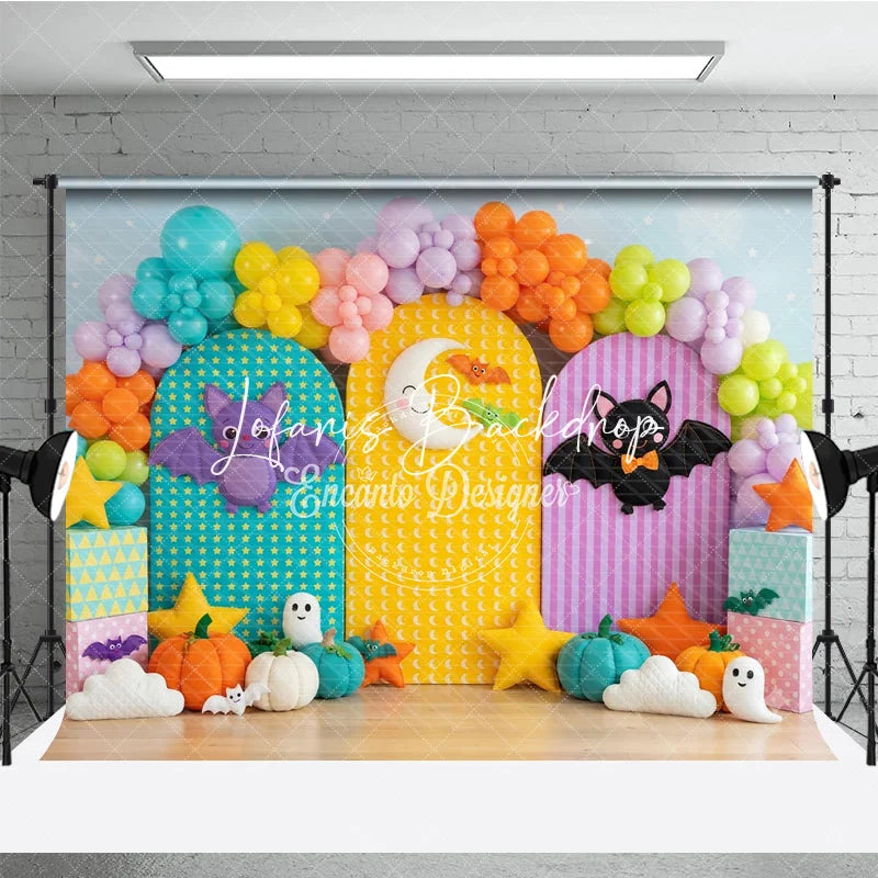 Lofaris Cute Halloween Photography Backdrop with Colorful Bats Crescent Moon Pumpkins and Balloons for Kids Birthday Party