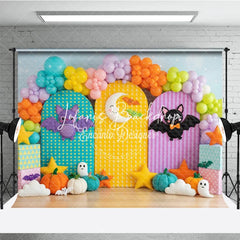 Lofaris Cute Halloween Photography Backdrop with Colorful Bats Crescent Moon Pumpkins and Balloons for Kids Birthday Party