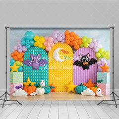 Lofaris Cute Halloween Photography Backdrop with Colorful Bats Crescent Moon Pumpkins and Balloons for Kids Birthday Party