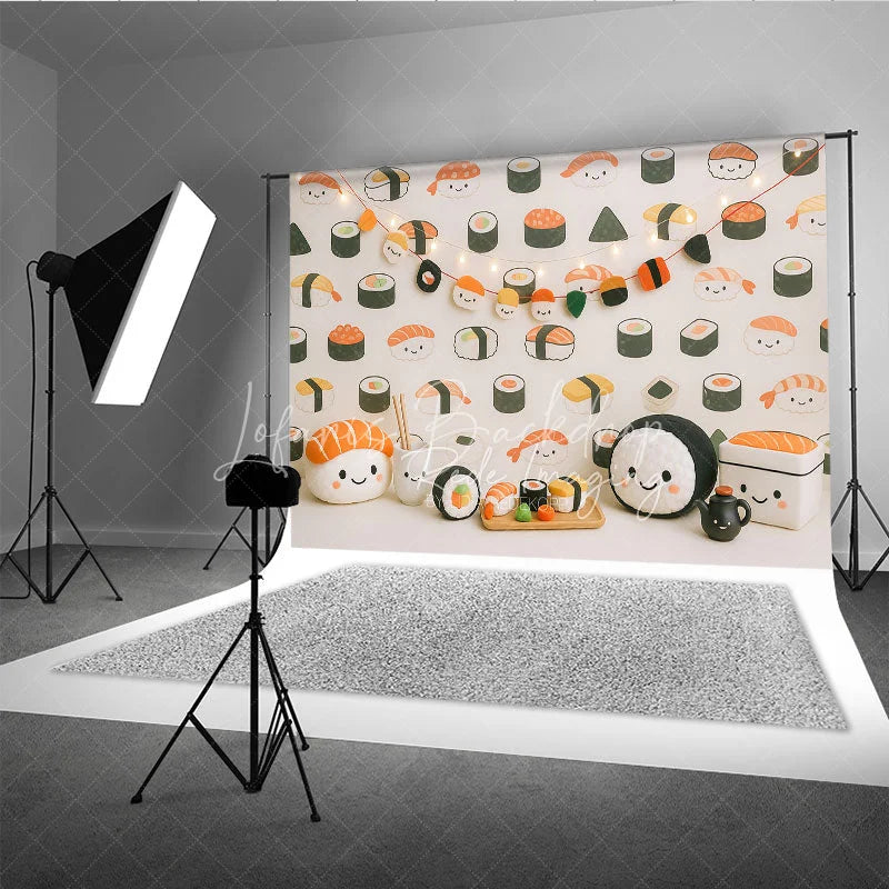 Lofaris Cute Kawaii Sushi Pattern and Plush Toy Photo Backdrop Japanese Food Birthday Photography Background