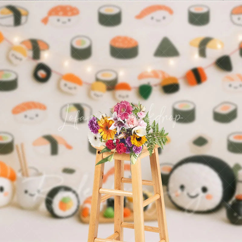 Lofaris Cute Kawaii Sushi Pattern and Plush Toy Photo Backdrop Japanese Food Birthday Photography Background
