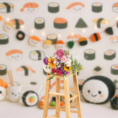 Lofaris Cute Kawaii Sushi Pattern and Plush Toy Photo Backdrop Japanese Food Birthday Photography Background