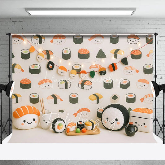 Lofaris Cute Kawaii Sushi Pattern and Plush Toy Photo Backdrop Japanese Food Birthday Photography Background