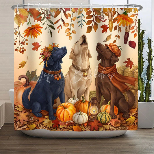 Lofaris Cute Labrador Dogs and Pumpkins Autumn Fall Shower Curtain Rustic Harvest Season Decor