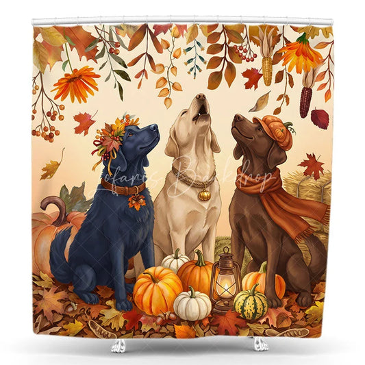 Lofaris Cute Labrador Dogs and Pumpkins Autumn Fall Shower Curtain Rustic Harvest Season Decor