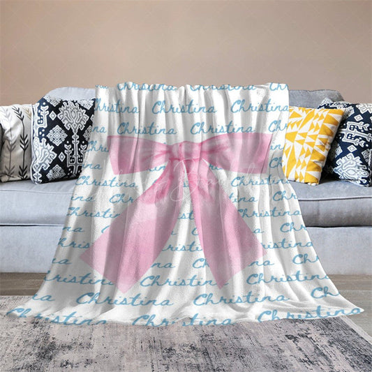 Lofaris Cute Pink Bow Tie White Blue Custom Name Blanket