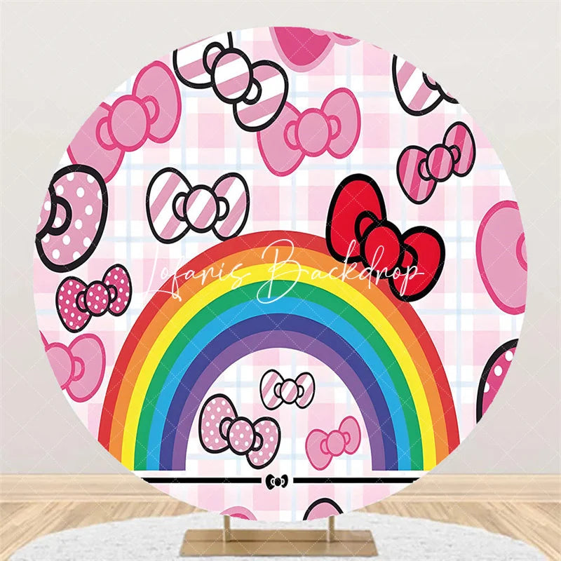 Lofaris Cute Pink Bows and Rainbow Round Backdrop for Kids Birthday Party Girls Celebration Photo Background Decor with Plaid Pattern