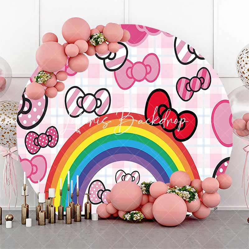 Lofaris Cute Pink Bows and Rainbow Round Backdrop for Kids Birthday Party Girls Celebration Photo Background Decor with Plaid Pattern