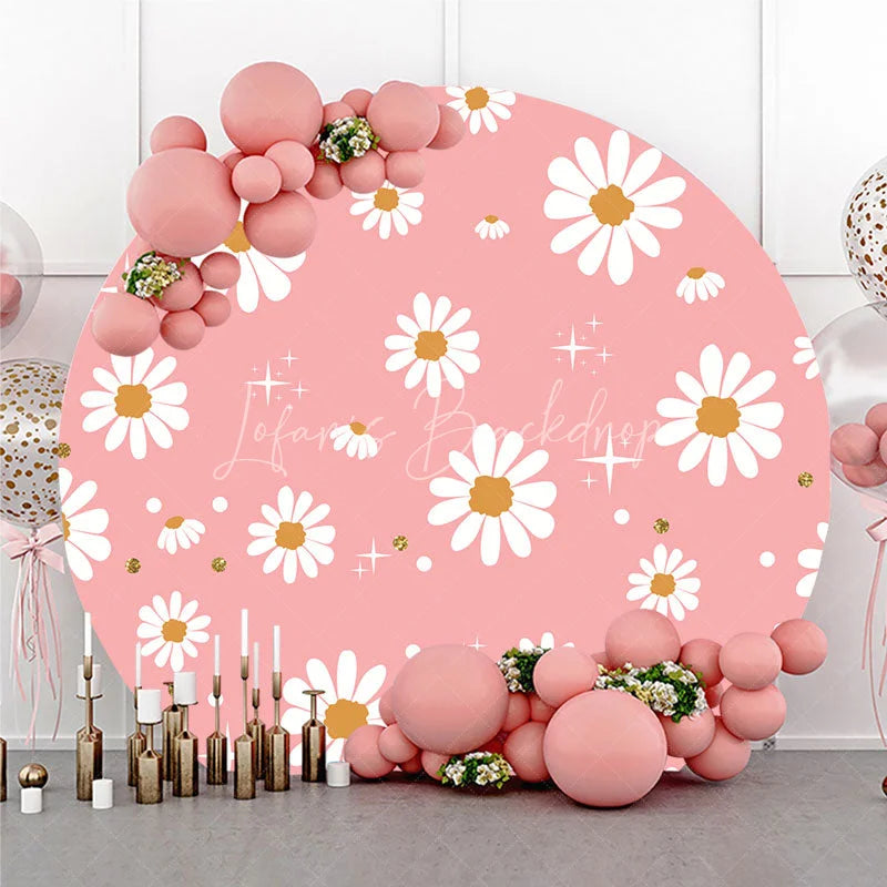 Lofaris Cute Pink Daisy Flowers with Gold Glitter Round Backdrop Boho Spring Birthday Party and Baby Shower Decor