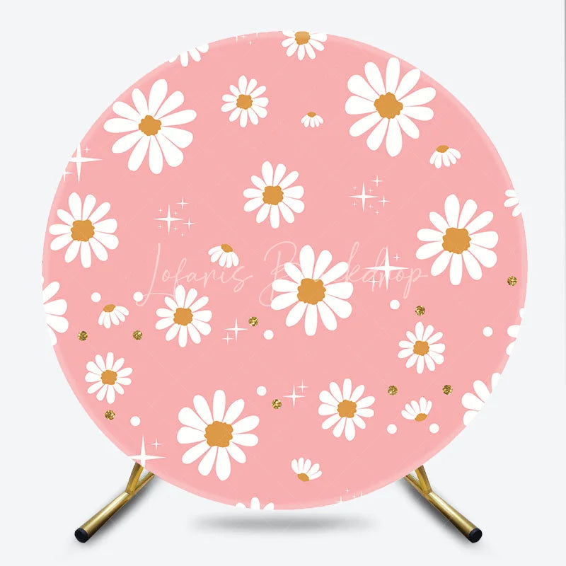 Lofaris Cute Pink Daisy Flowers with Gold Glitter Round Backdrop Boho Spring Birthday Party and Baby Shower Decor