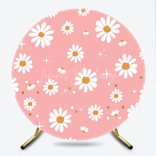 Lofaris Cute Pink Daisy Flowers with Gold Glitter Round Backdrop Boho Spring Birthday Party and Baby Shower Decor