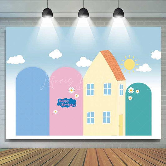 Lofaris Cute Pink Pig Cartoon Birthday Backdrop Kids Playhouse and Sunshine Party Banner Fun Animated Theme Photo Prop