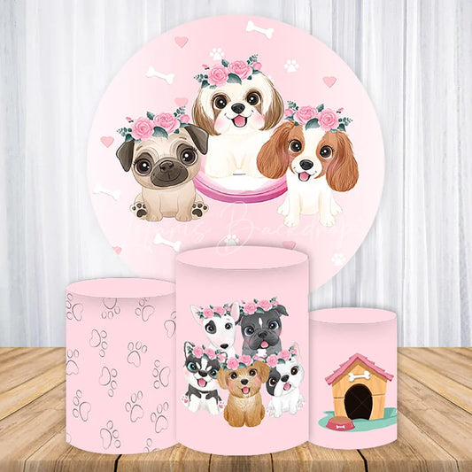 Lofaris Cute Pink Puppy Dogs and Flower Crowns Round Backdrop Kit Adorable Pet Themed Birthday Party Baby Shower Decor