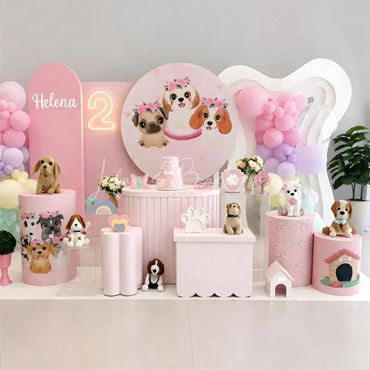 Lofaris Cute Pink Puppy Dogs and Flower Crowns Round Backdrop Kit Adorable Pet Themed Birthday Party Baby Shower Decor