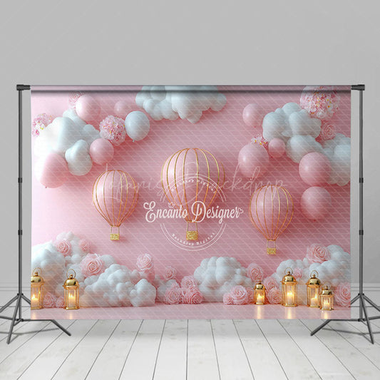 Lofaris Cute Pink White Hot Air Balloon Birthday Backdrop